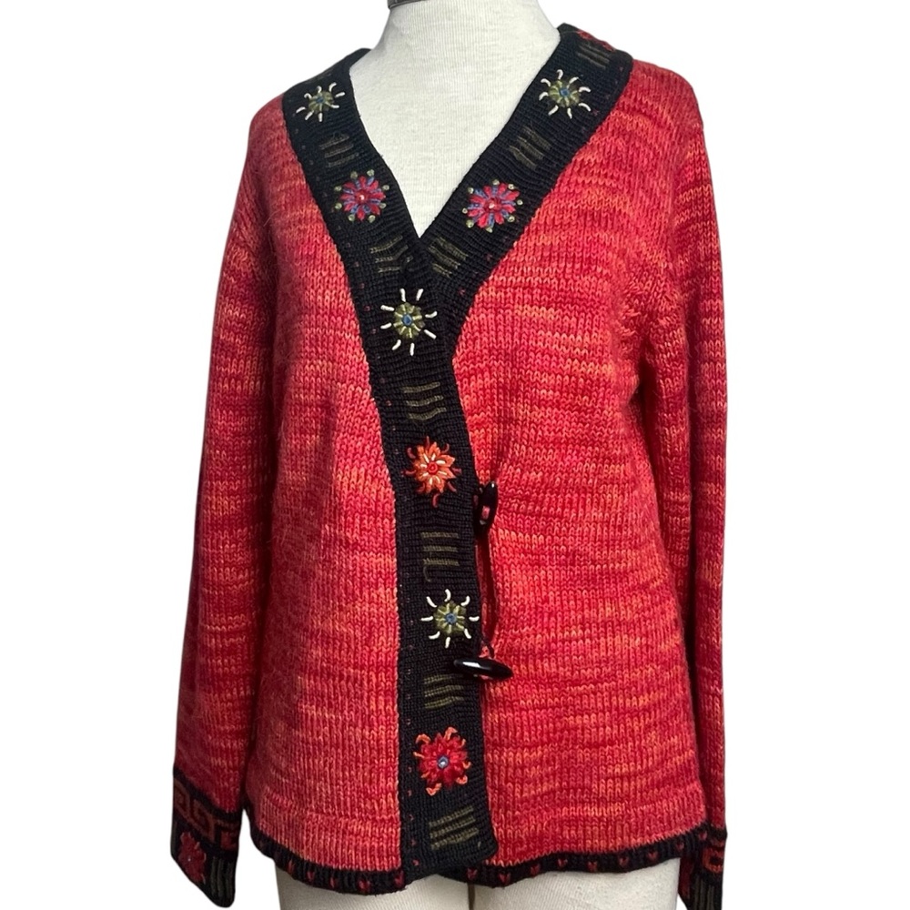 Icelandic Design Embroidered Alpaca/Wool/Mohair Toggle Close Cardigan Sweater M
